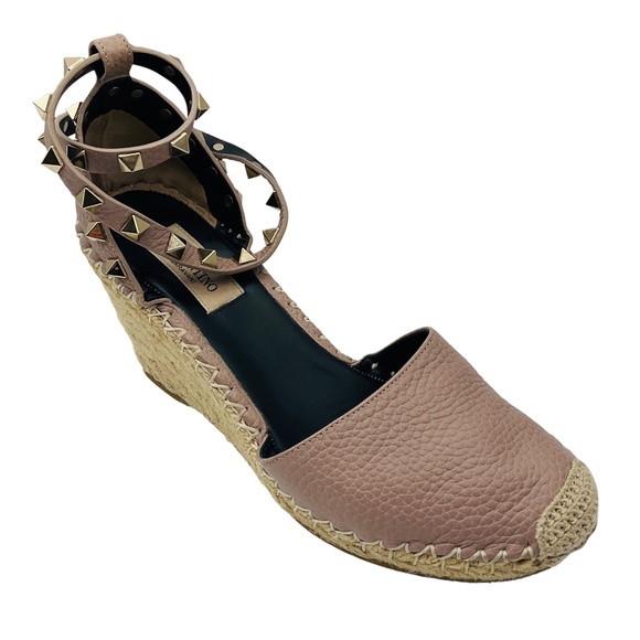 VALENTINO ROSE ROCKSTUD DOUBLE LEATHER WEDGE ESPADRILLES